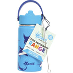 Blue 400ml Cheeki insulated kids water bottle with a 3D shark pattern, black lid, and soft rubber handle.