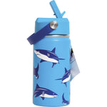 Blue 400ml Cheeki insulated kids water bottle with 3D shark patterns on a white background.