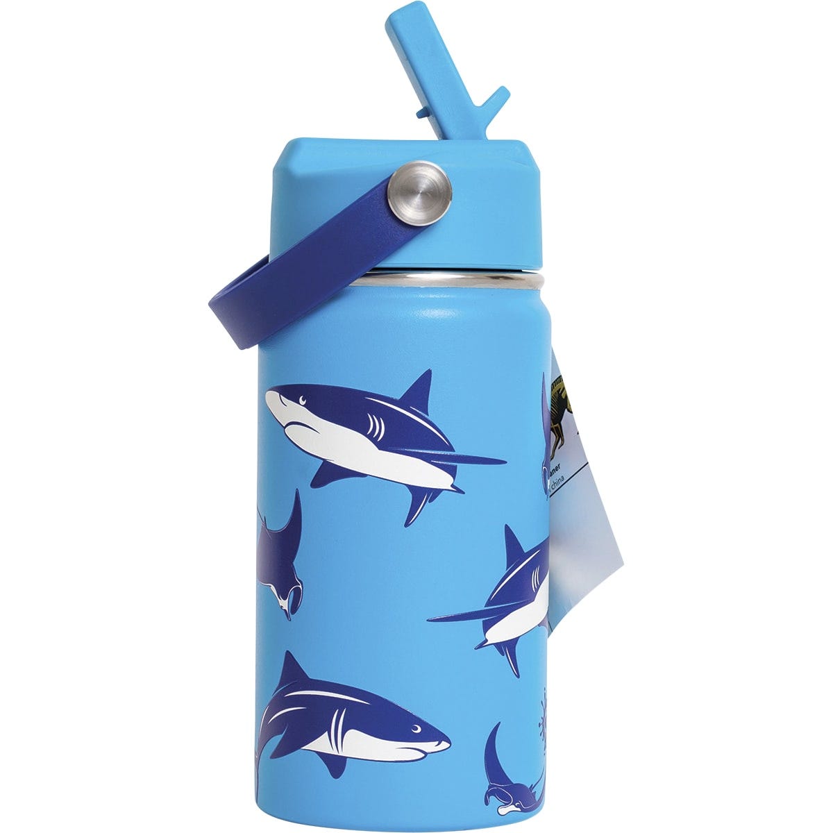 Blue 400ml Cheeki insulated kids water bottle with 3D shark patterns on a white background.