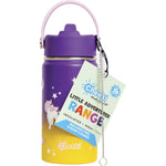 Purple 400ml Cheeki insulated kids water bottle with a 3D unicorn design, pink lid, and soft carry handle.
