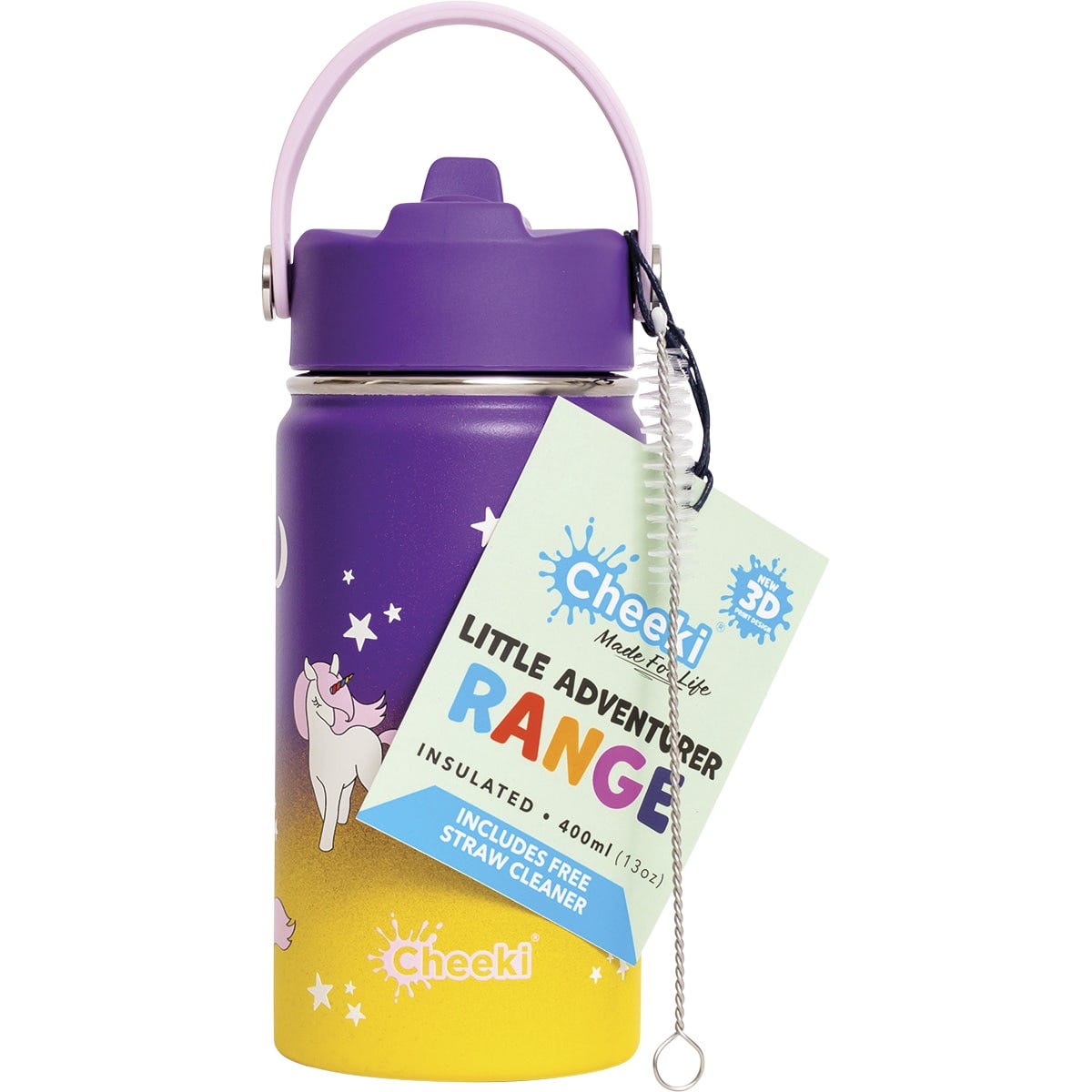 Purple 400ml Cheeki insulated kids water bottle with a 3D unicorn design, pink lid, and soft carry handle.