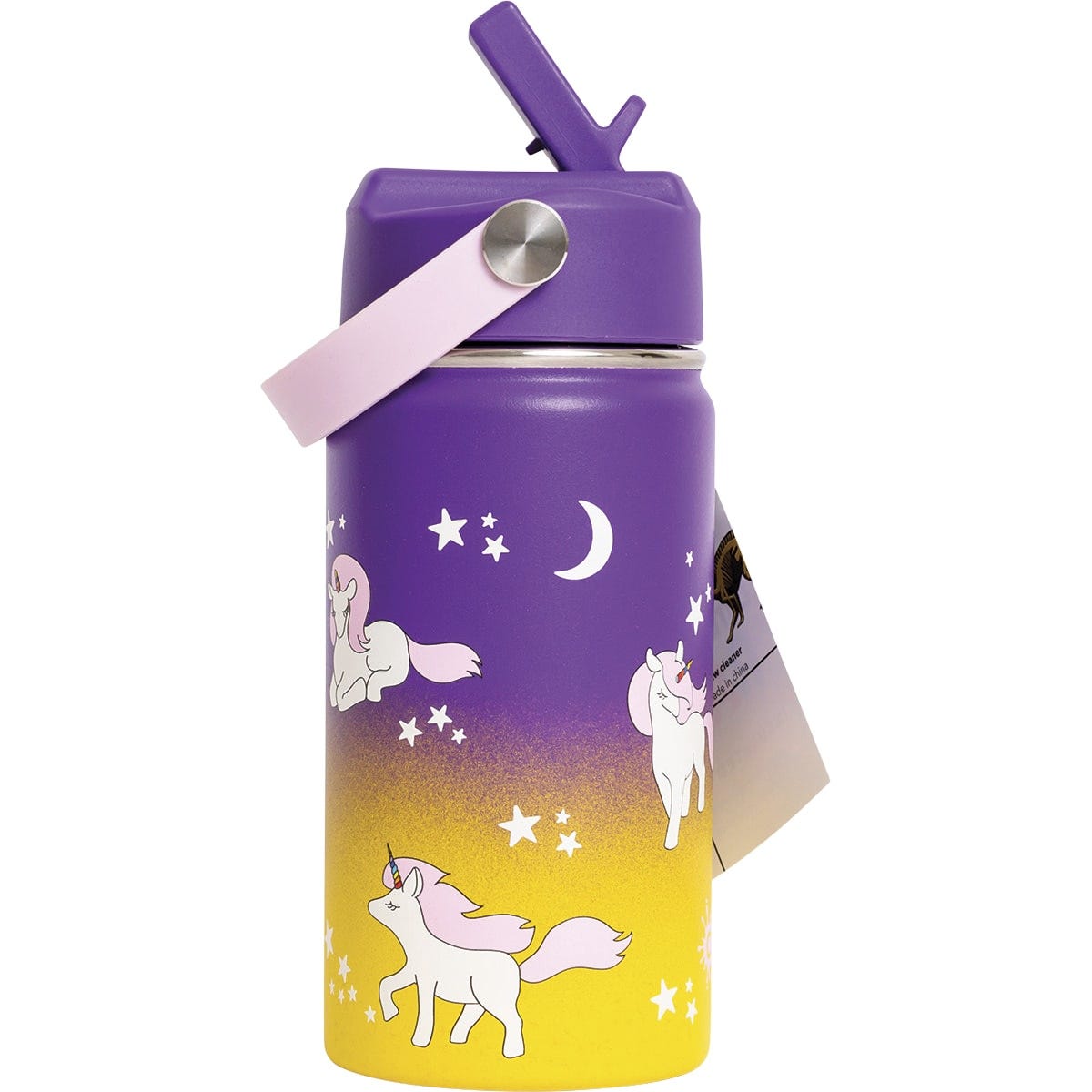 Purple 400ml Cheeki insulated kids water bottle with 3D unicorn designs and a straw cleaning brush on a white background.