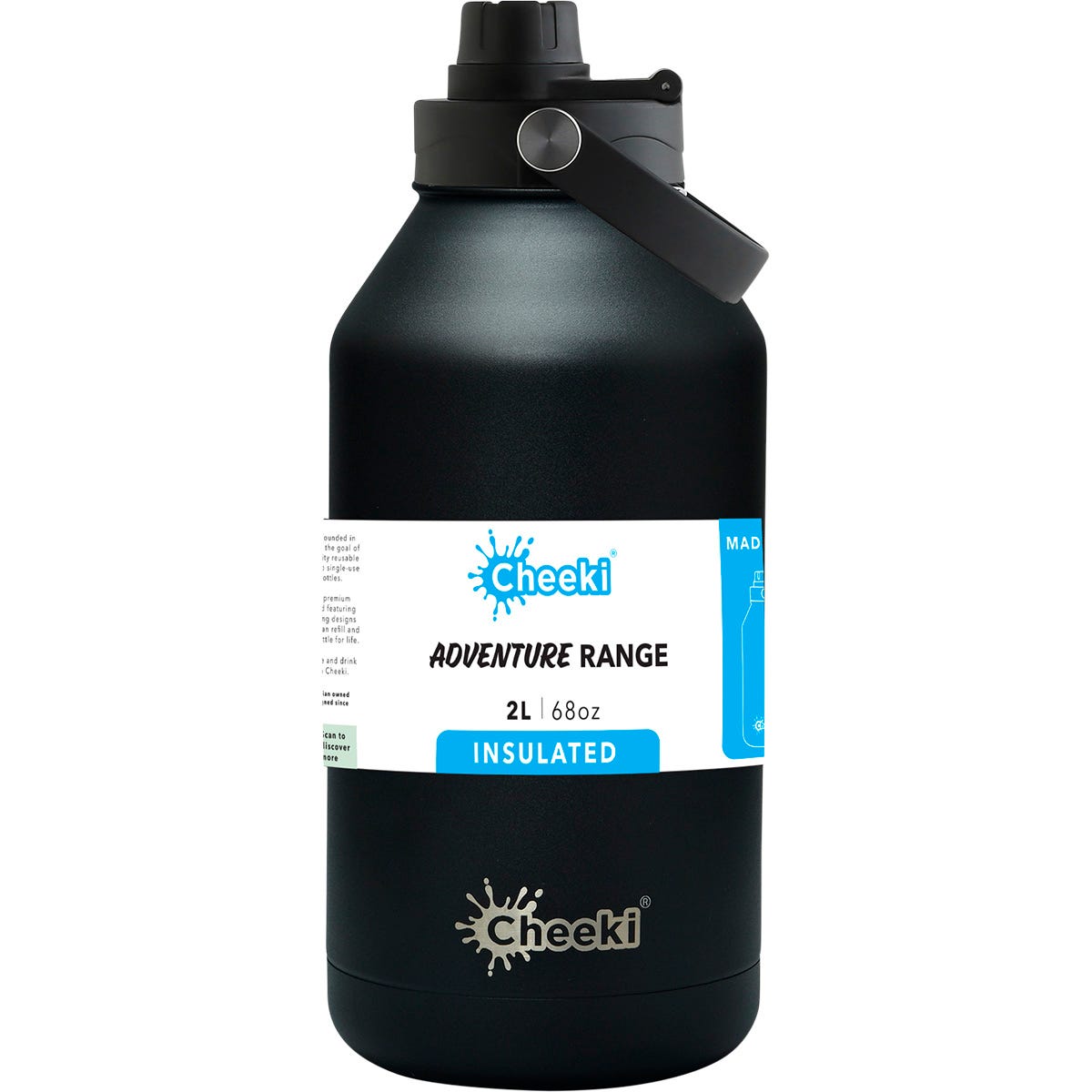 Black 2L Cheeki insulated stainless steel adventure bottle with a heavy-duty lid and carry handle on a white background.