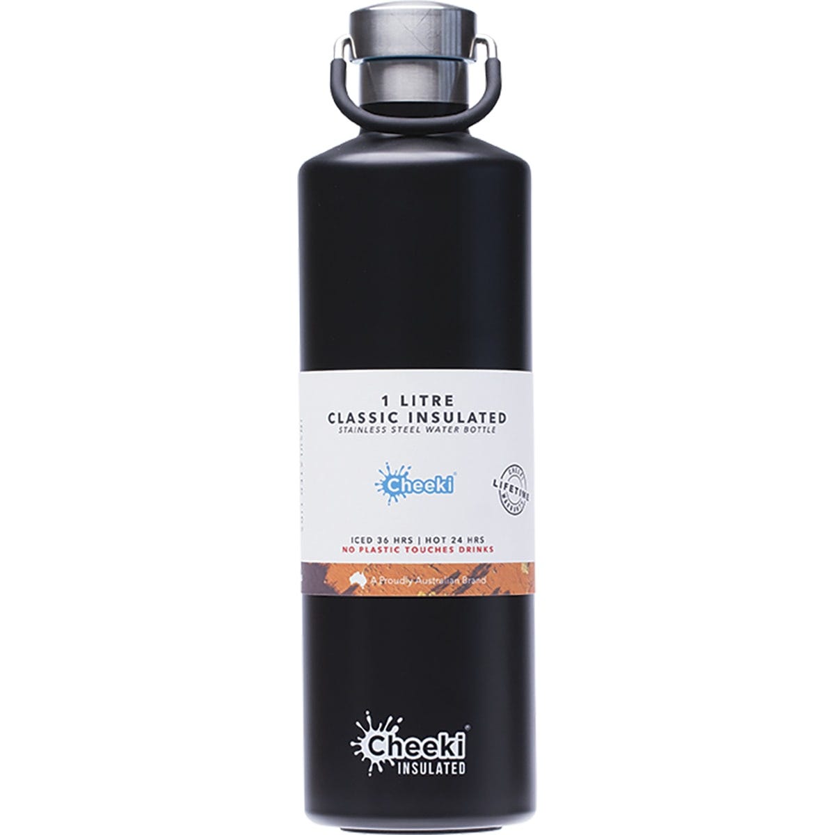Matte black 1L Cheeki insulated stainless steel water bottle with a silver lid and a black rubber carry handle.