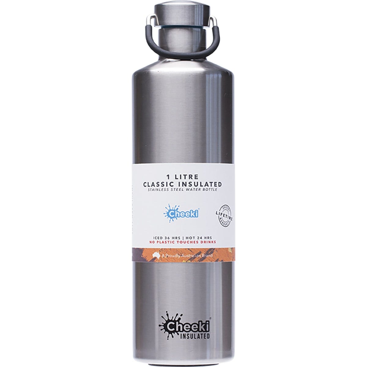 Silver 1L Cheeki insulated stainless steel water bottle with a black screw-top lid and embossed logo on a white background.
