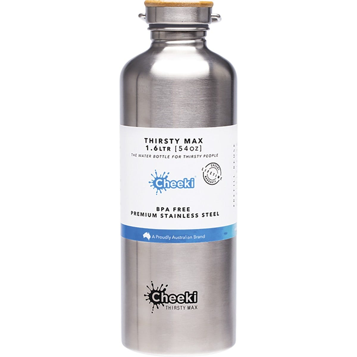 Silver 1.6L Cheeki Thirsty Max stainless steel water bottle with a black screw-top lid and carry handle.