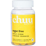 Chuu Nutrition sugar-free apple cider vinegar gummies in a 60-count white bottle with a yellow label and red cap.