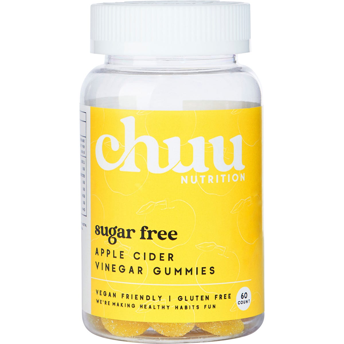 Chuu Nutrition sugar-free apple cider vinegar gummies in a 60-count white bottle with a yellow label and red cap.