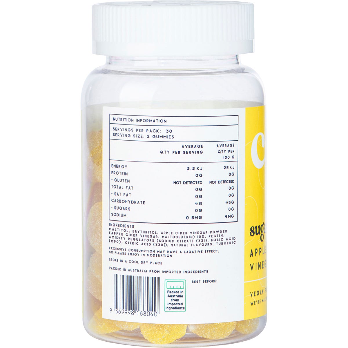 White bottle of Chuu Nutrition Sugar Free Apple Cider Vinegar Gummies with a yellow label and red lid.