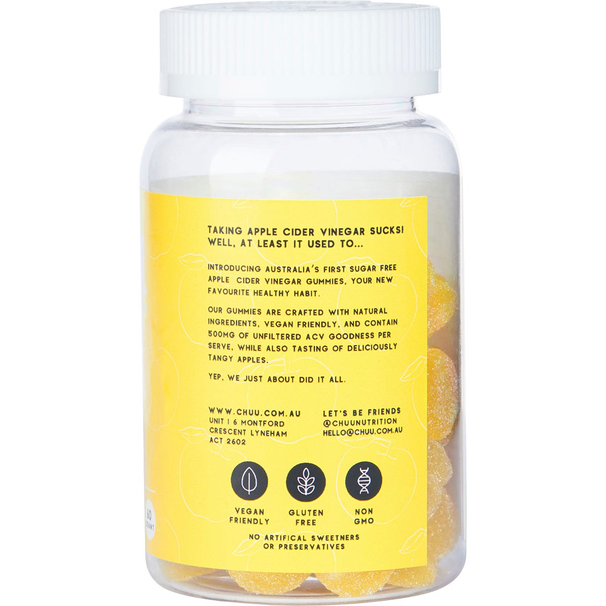 Side view of a 60-count bottle of Chuu Nutrition Sugar Free ACV Gummies showing the ingredients and nutrition facts label.