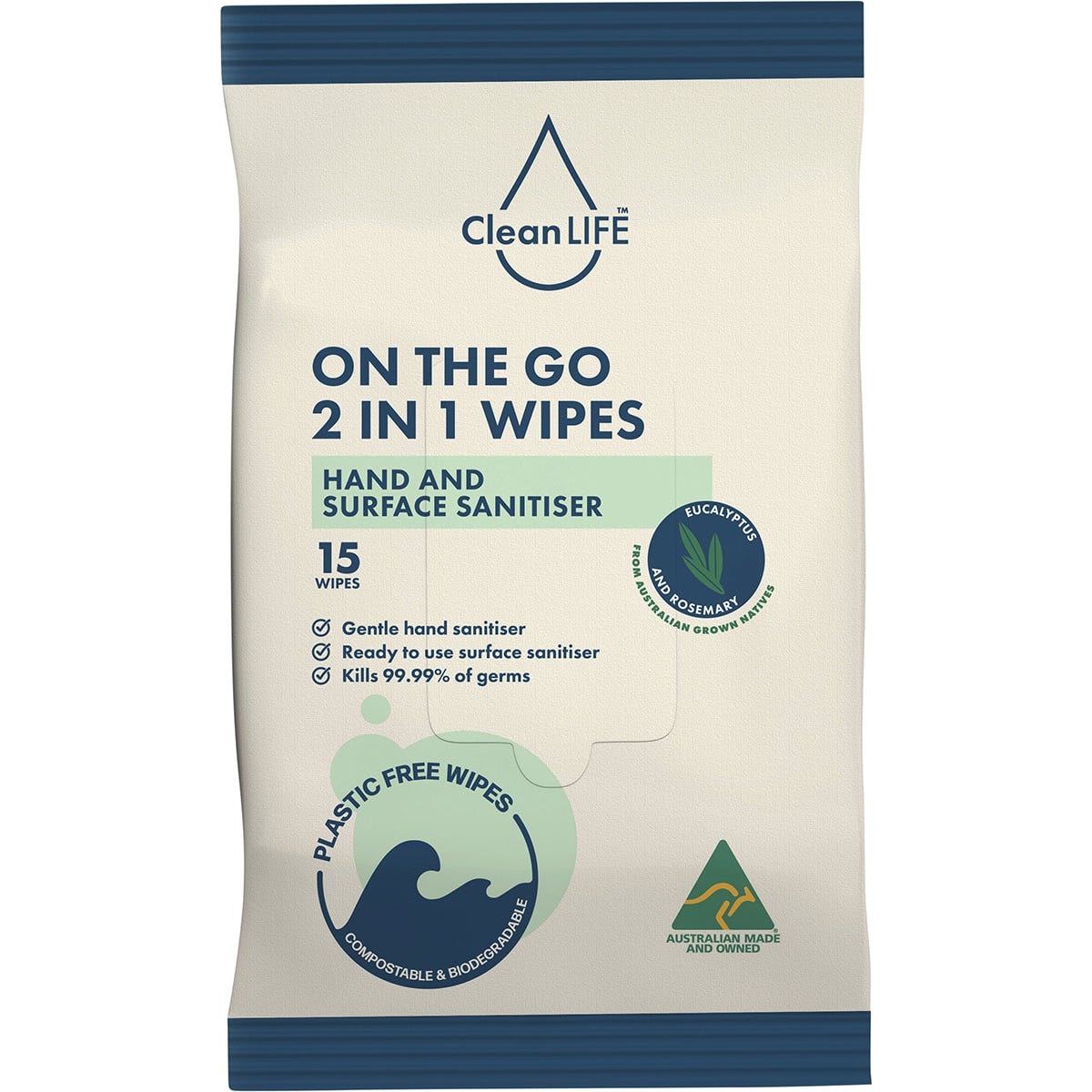 CleanLIFE 15-pack of plastic-free hand and surface sanitiser wipes in a green and white resealable pouch.