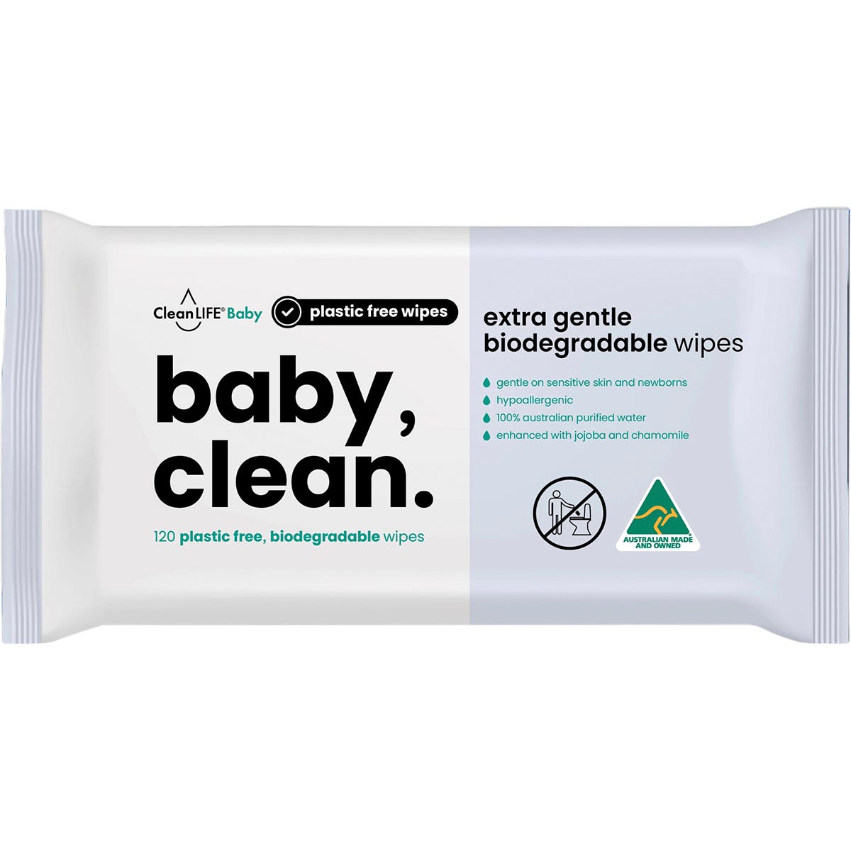 CleanLIFE Baby Clean 120-pack of extra gentle plastic-free wipes in white and blue packaging on a white background.