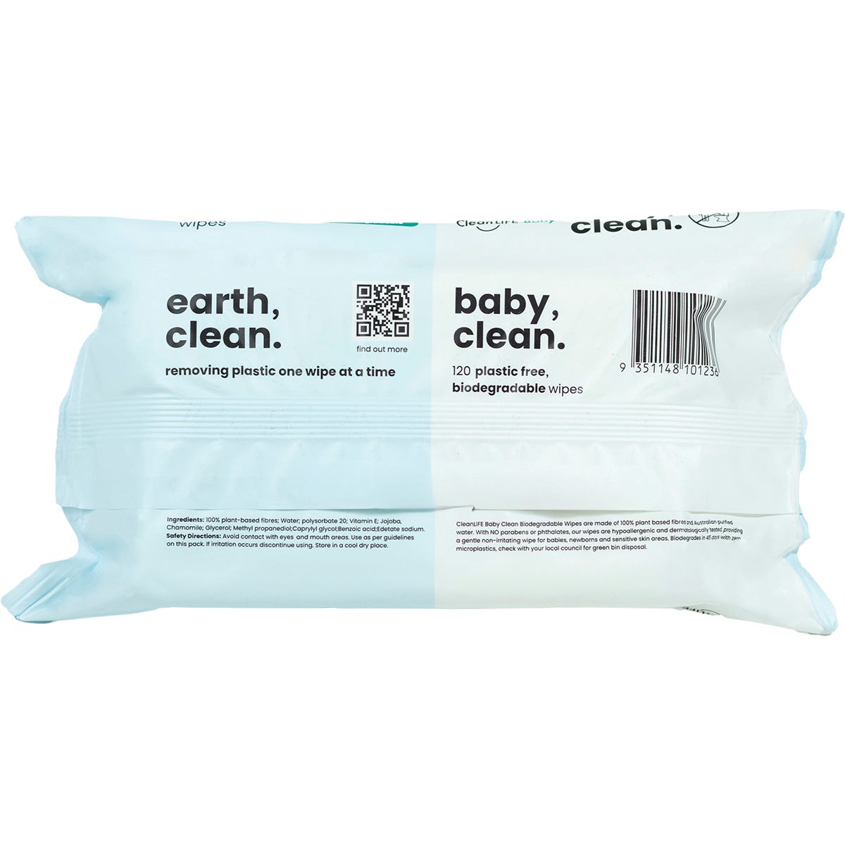 CleanLIFE Baby Clean 120-pack of extra gentle plastic-free wipes in white and blue packaging on a white background.