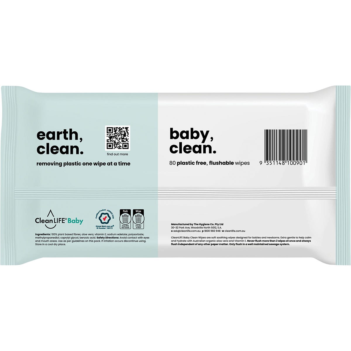 80 pack of CleanLIFE Baby Clean flushable plastic-free wipes featuring a white and light blue label.