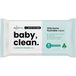 80 pack of CleanLIFE Baby Clean flushable plastic-free wipes featuring a white and light blue label.