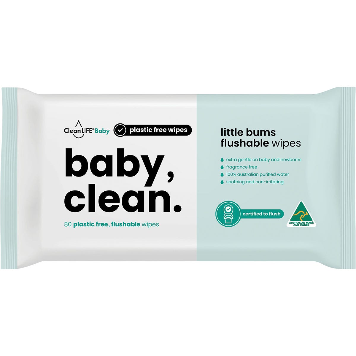 80 pack of CleanLIFE Baby Clean flushable plastic-free wipes featuring a white and light blue label.