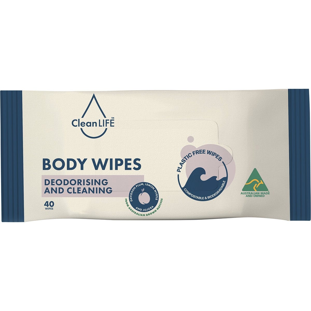 CleanLIFE Body 40-pack of plastic-free, deodorising wipes featuring native Australian botanicals on a blue label.