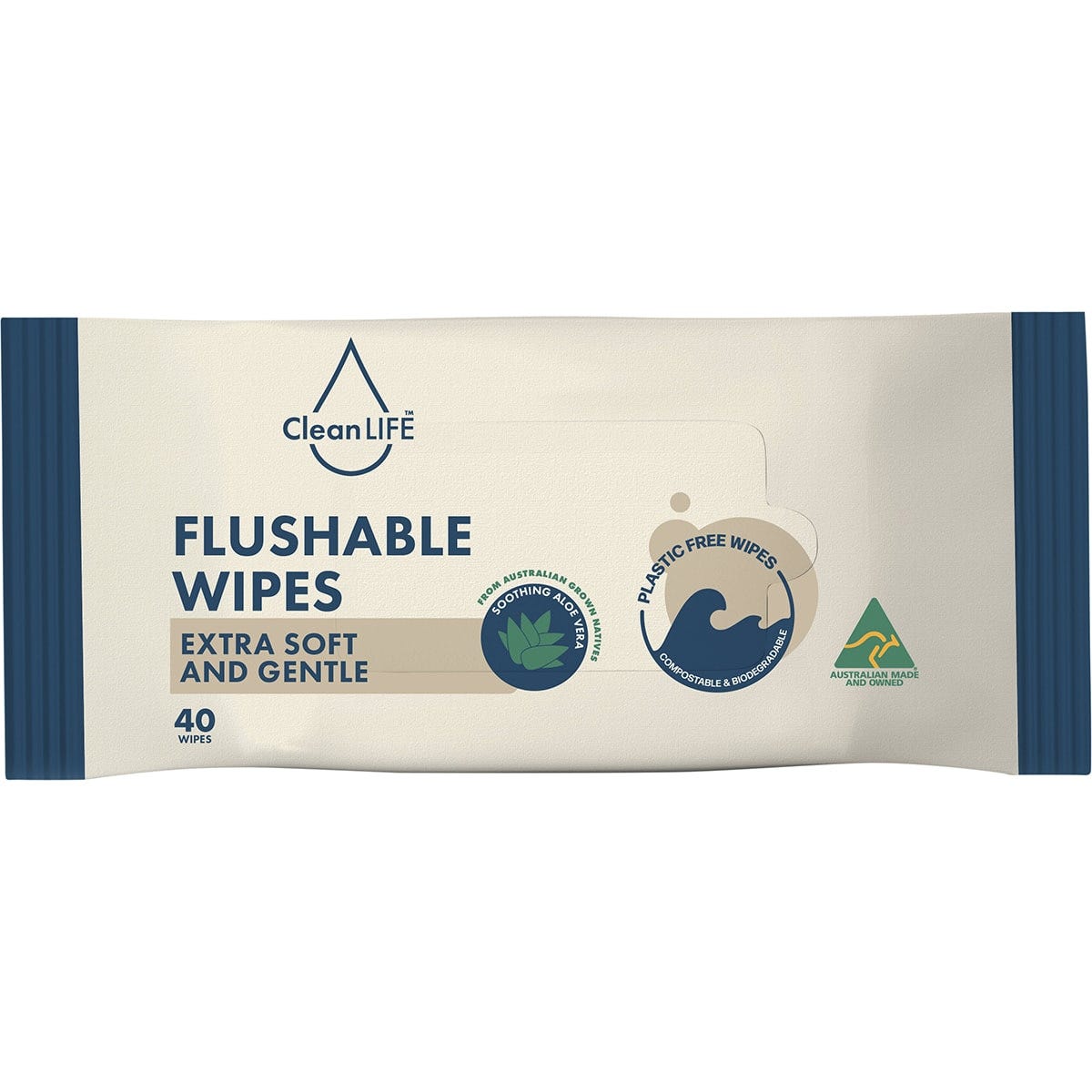 40-pack of CleanLIFE flushable, plastic-free wipes in white and blue packaging with an aloe vera illustration.