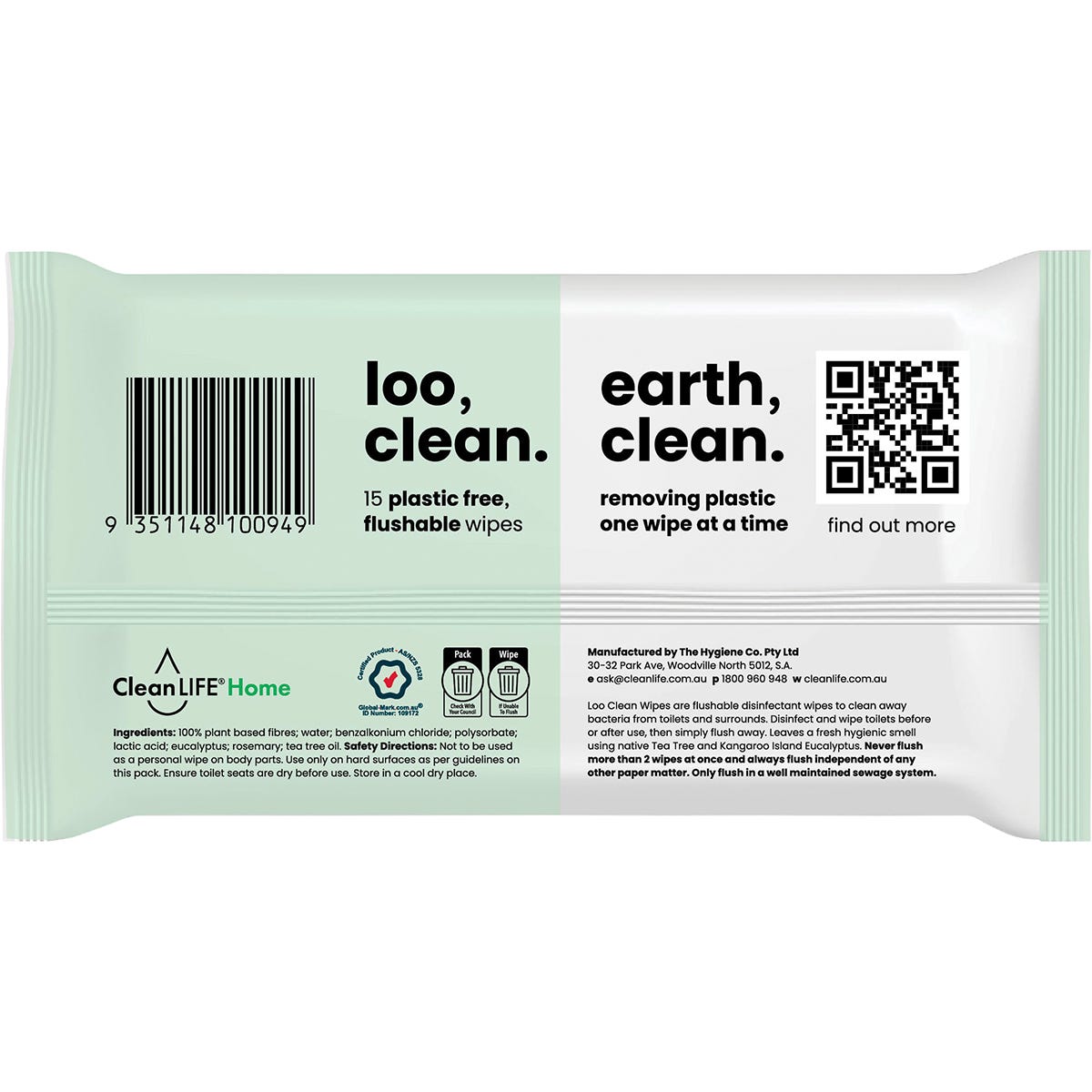 CleanLIFE Loo Clean flushable wipes in a blue and white 15-pack resealable pouch, shown on a white background.
