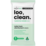 15-pack of CleanLIFE Loo Clean flushable, plastic-free disinfectant wipes in a blue and white resealable pouch.