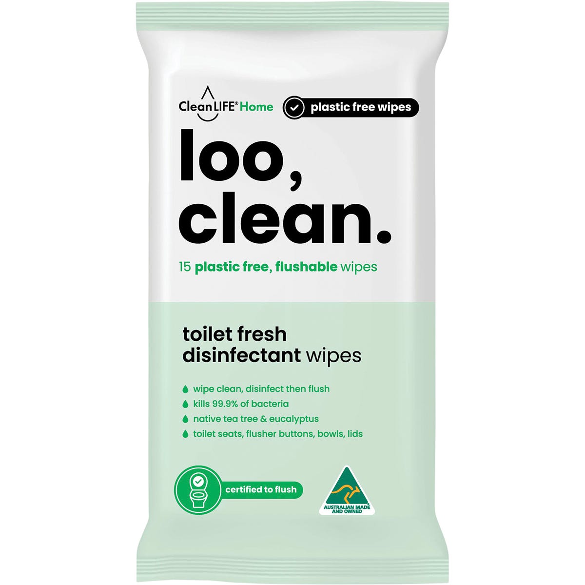 15-pack of CleanLIFE Loo Clean flushable, plastic-free disinfectant wipes in a blue and white resealable pouch.
