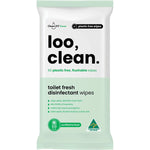 60 pack of CleanLIFE Loo Clean flushable, plastic-free disinfectant wipes with tea tree and eucalyptus.