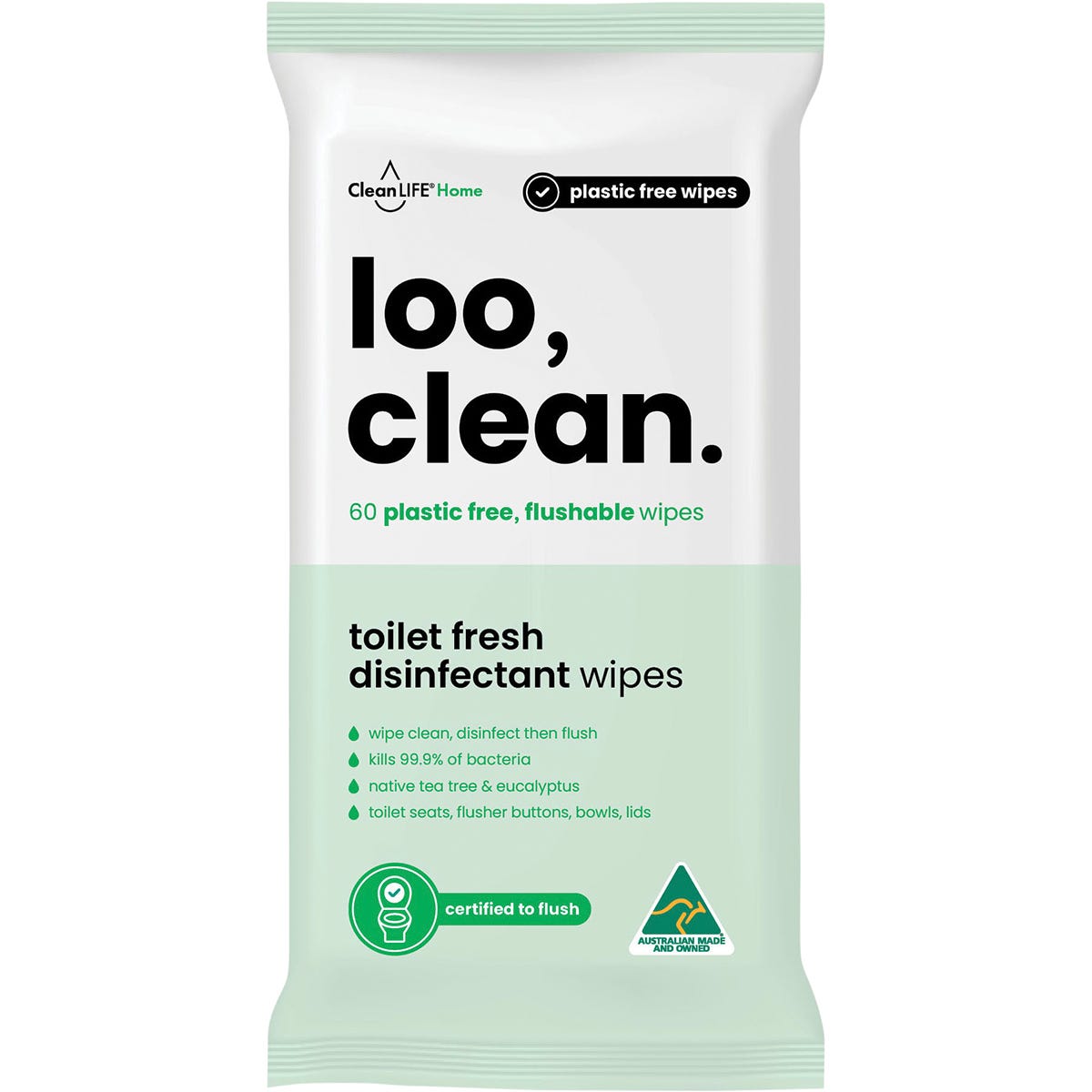 60 pack of CleanLIFE Loo Clean flushable, plastic-free disinfectant wipes with tea tree and eucalyptus.