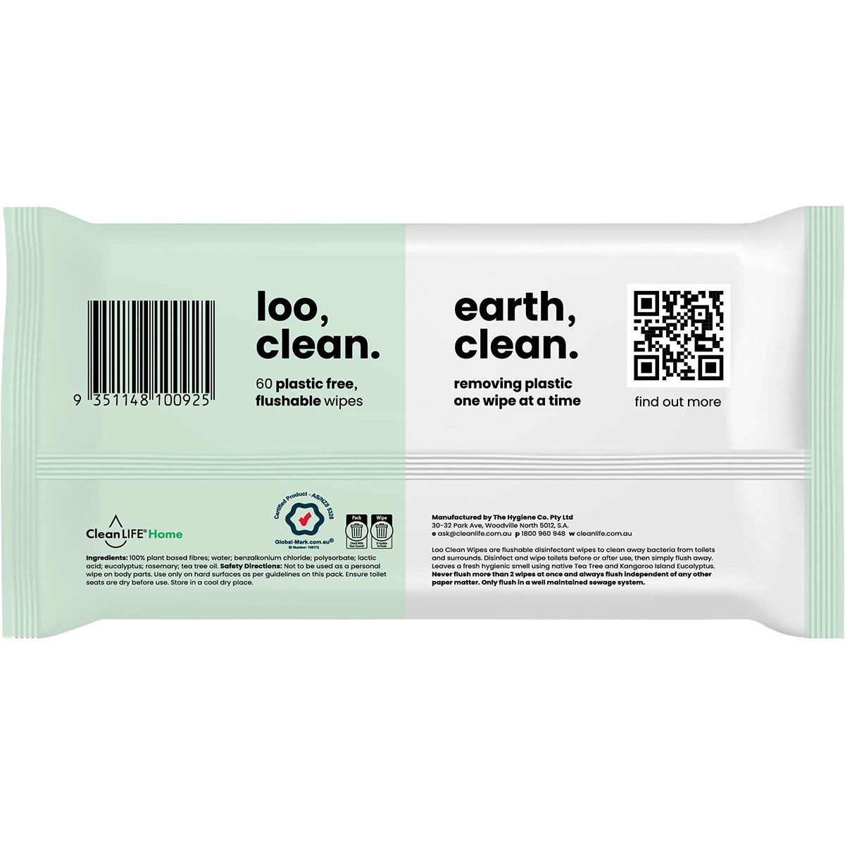 CleanLIFE Loo Clean 60 pack of flushable, plastic-free wipes with tea tree and eucalyptus on a white background.