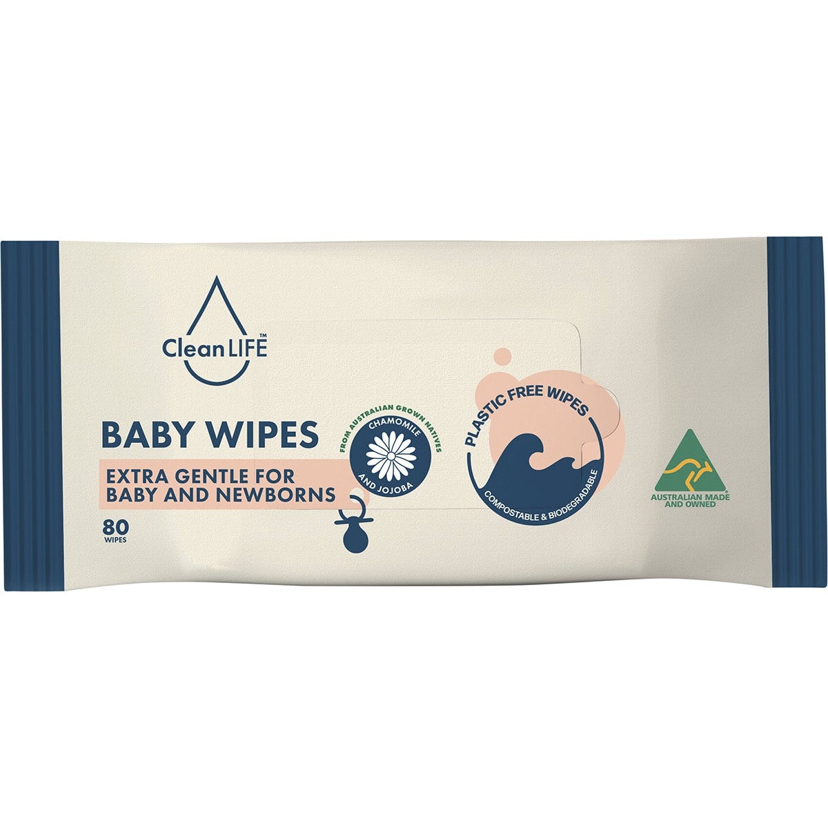 CleanLIFE 80-pack of plastic-free baby wipes in a white and teal resealable bag with a chamomile and jojoba illustration.