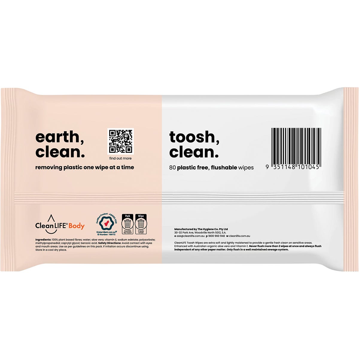 80-pack of CleanLIFE Toosh Clean flushable wipes in a blue and white resealable pack, showing the back label.