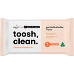 80-pack of CleanLIFE Toosh Clean flushable, plastic-free wipes in a blue and white resealable soft pack.