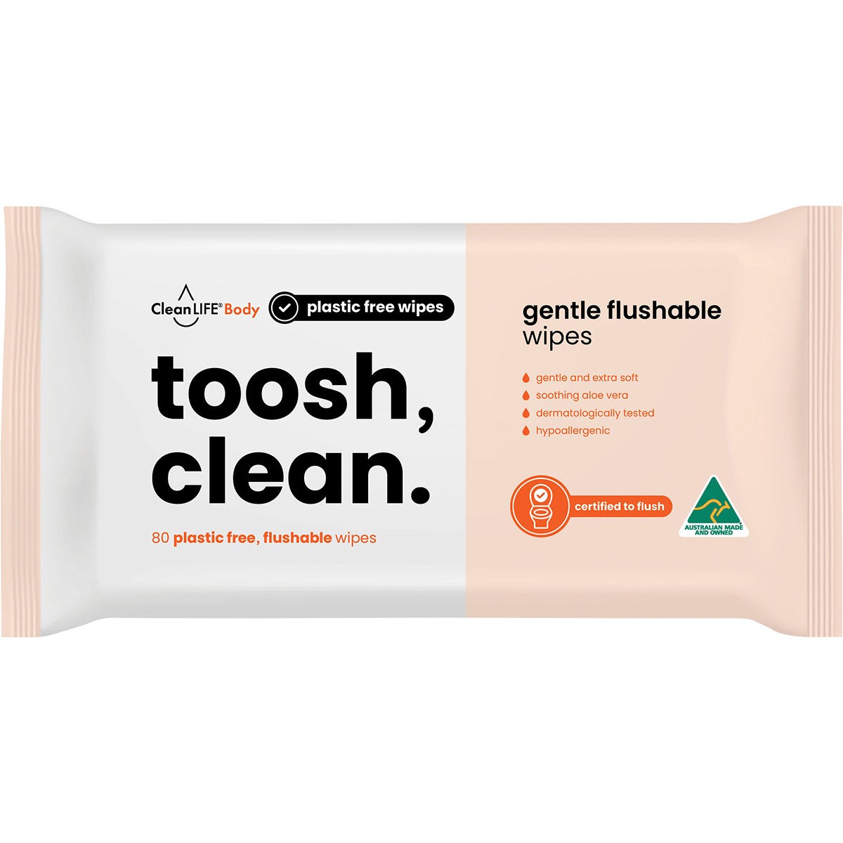 80-pack of CleanLIFE Toosh Clean flushable, plastic-free wipes in a blue and white resealable soft pack.