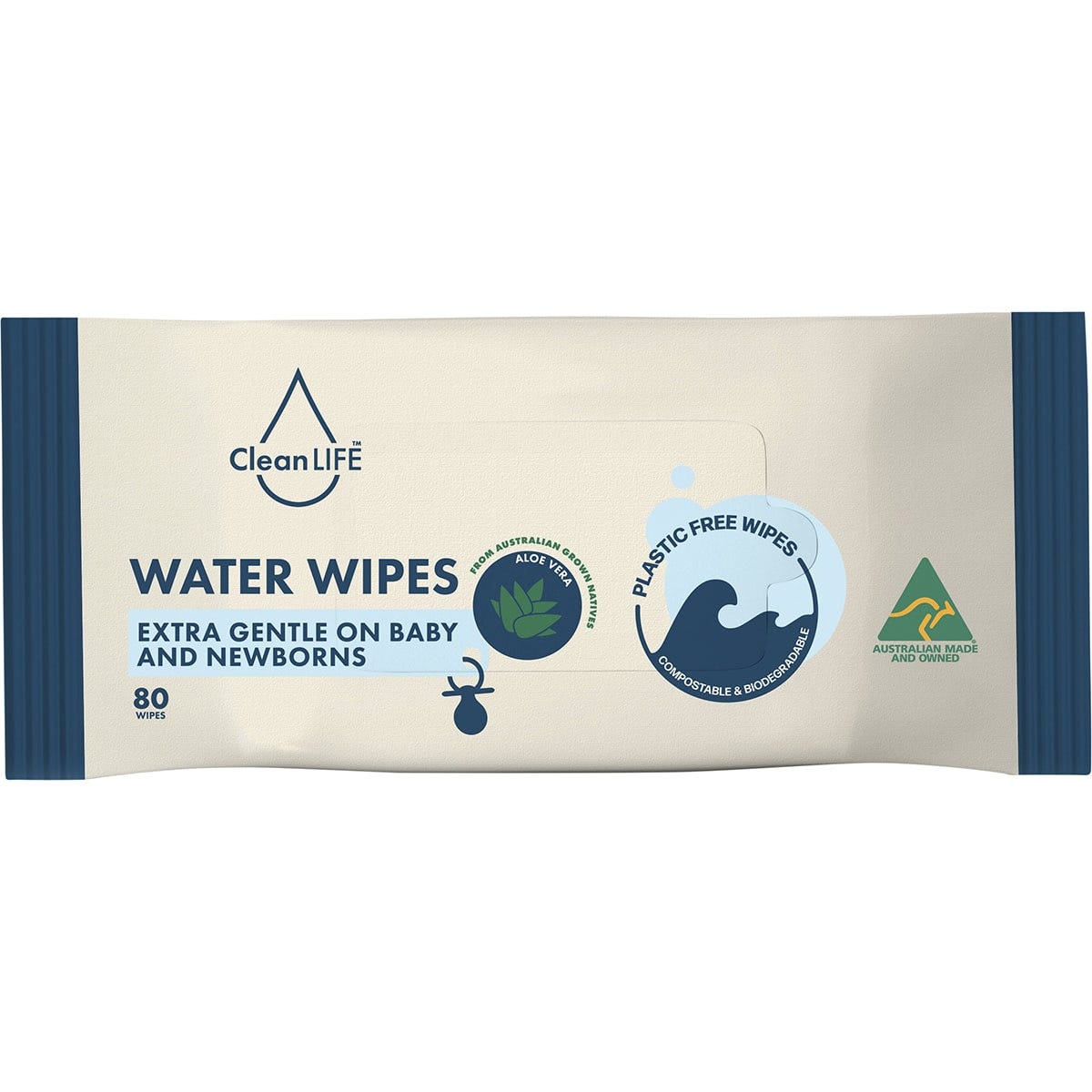 80-pack of CleanLIFE extra gentle, plastic-free water baby wipes in a white and blue resealable soft pack.