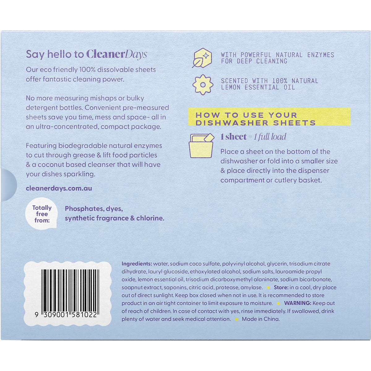 Cleaner Days lemon dishwasher detergent sheets box on a white background with a single detergent sheet resting on top.