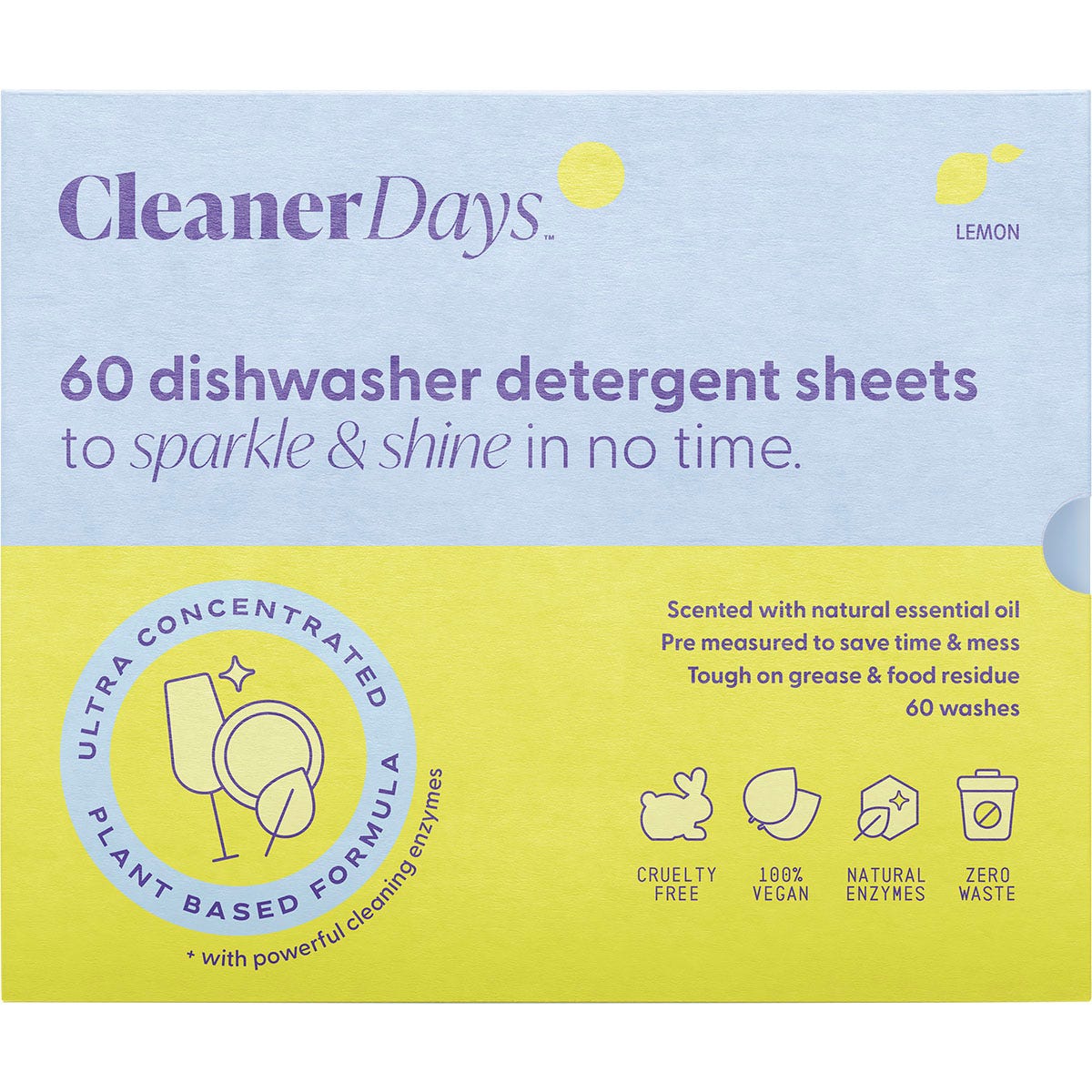 60-pack of Cleaner Days lemon dishwasher detergent sheets in a yellow and white box with fresh lemon illustrations.