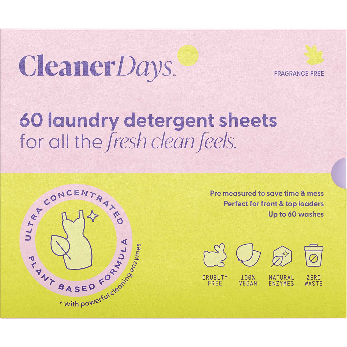 Box of 60 fragrance-free Cleaner Days laundry detergent sheets featuring a clean, minimalist design on a white background.