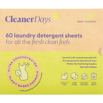 Cleaner Days Laundry Detergent Sheets Lemon + Eucalyptus 60pcs Payless 4 Organics
