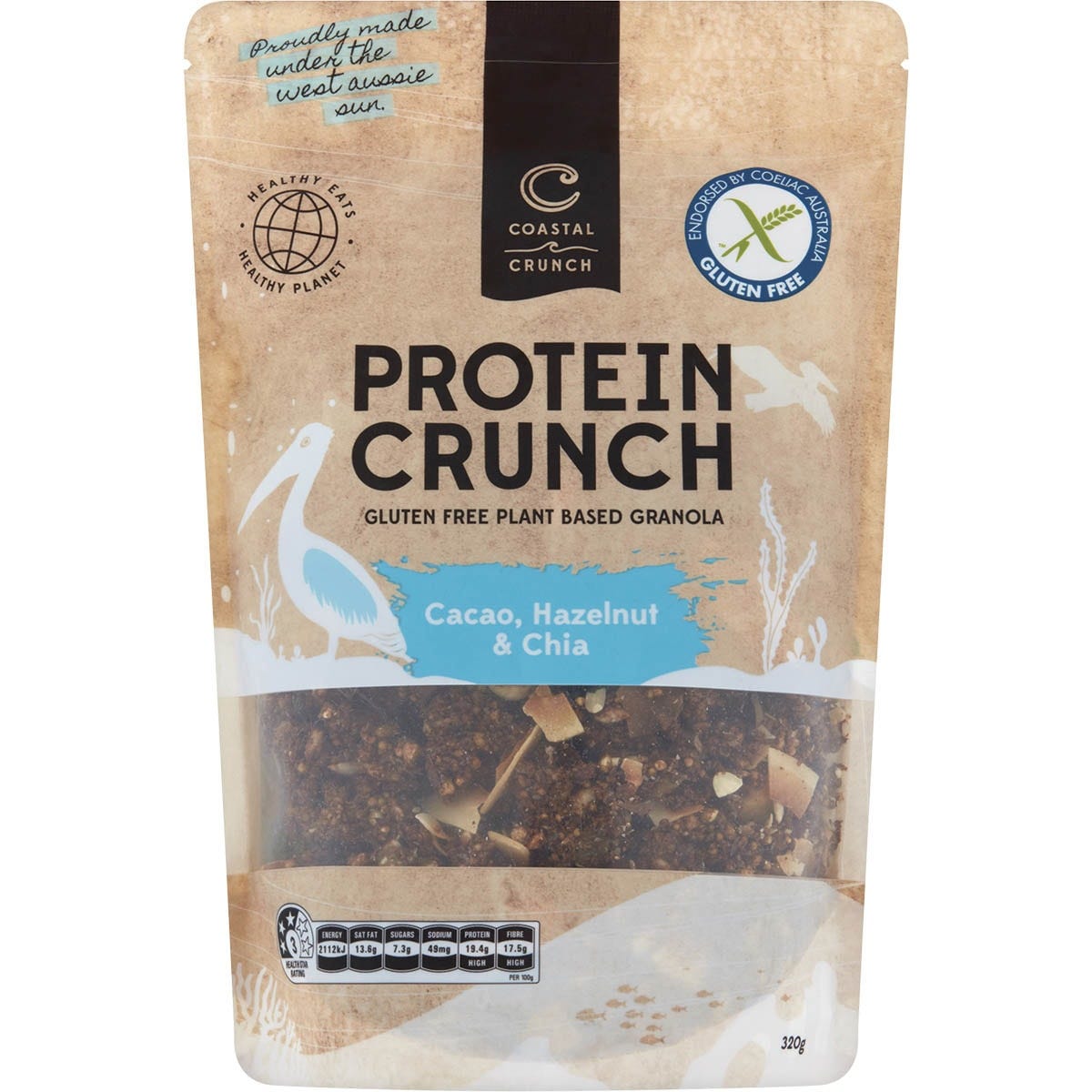 Coastal Crunch Cacao, Hazelnut and Chia Protein Granola 320g bag with a bowl of cereal on a white background.