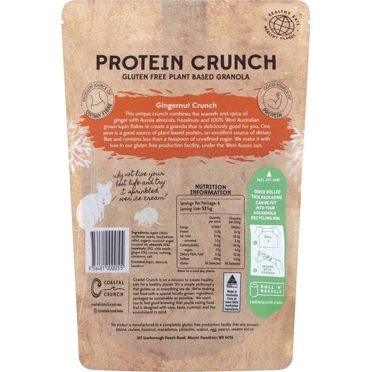 320g bag of Coastal Crunch Gingernut Crunch granola with ginger and WA grown lupin on a white background.