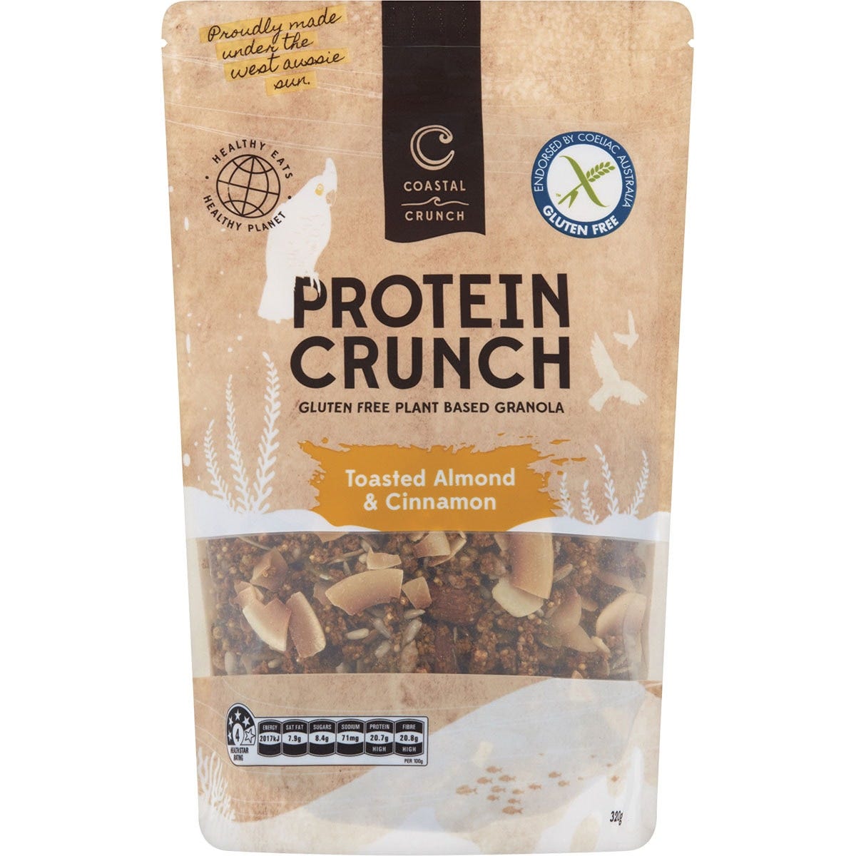 Coastal Crunch 320g Toasted Almond & Cinnamon Protein Crunch Granola bag with lupin flakes and seeds.