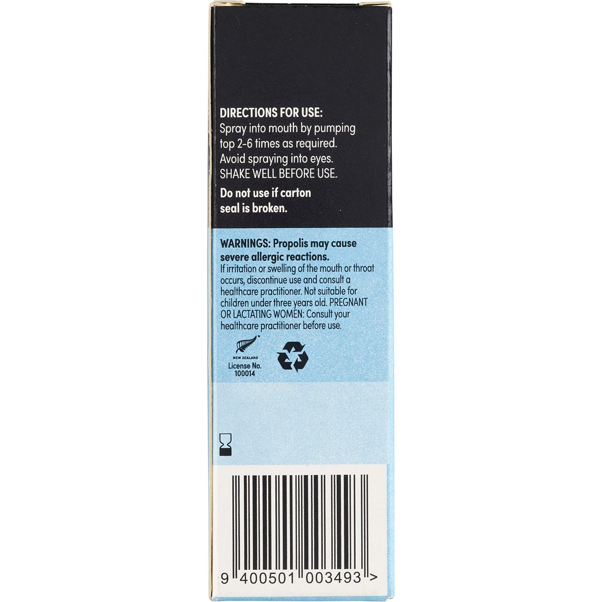 Side of Comvita Bee Propolis High Strength Oral Spray box with barcode, directions, and caution information.