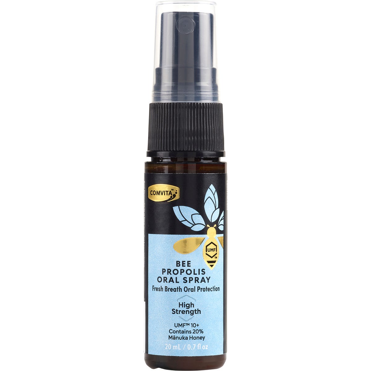 Comvita Bee Propolis High Strength Oral Spray 20ml bottle with peppermint and myrrh oils.