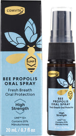 Comvita Bee Propolis Oral Spray High Strength 20ml bottle and packaging with Manuka honey illustrations.