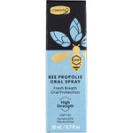 Side view of Comvita Bee Propolis High Strength Oral Spray 20ml box showing directions and ingredients.
