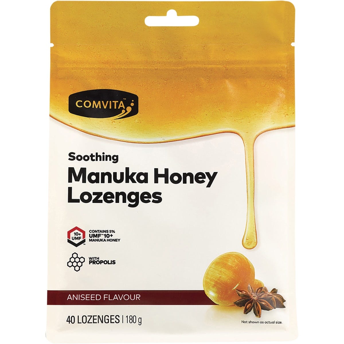Box of 40 Comvita Manuka Honey Lozenges with aniseed and propolis in a purple and white package.