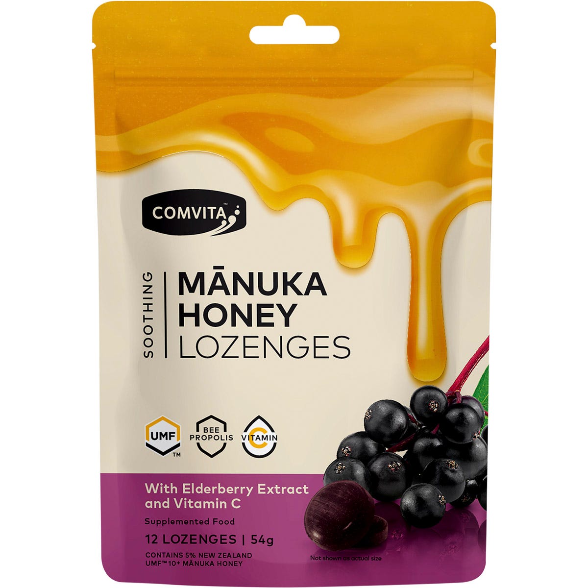 Comvita Manuka Honey Lozenges 12-pack with Elderberry and Vitamin C in a purple box with honey and berry illustrations.