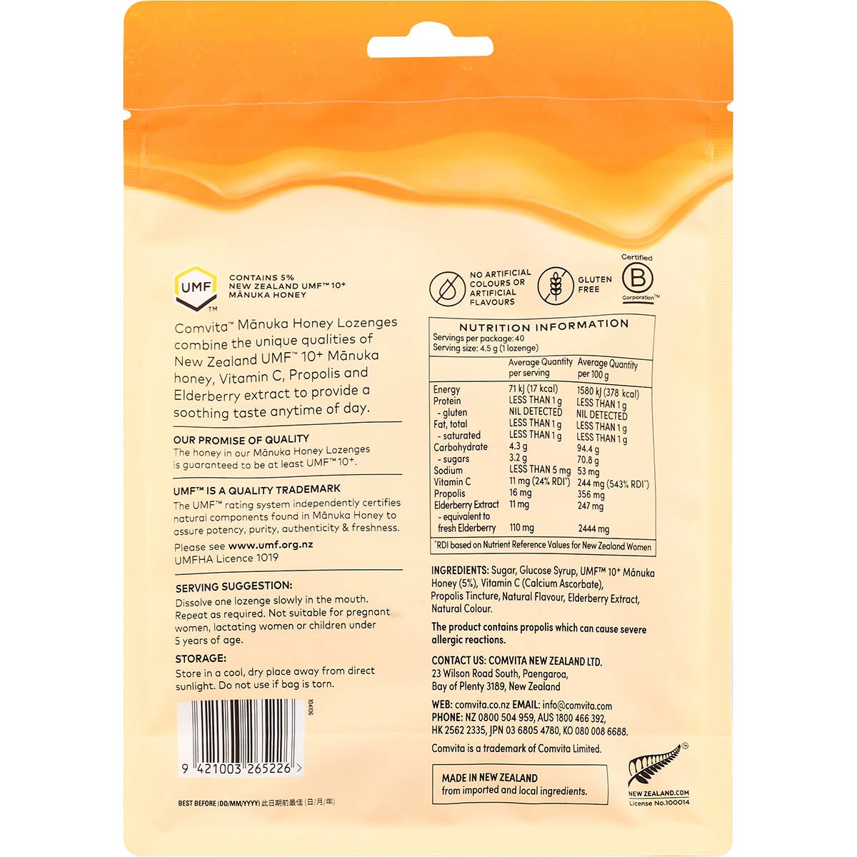 Purple box of Comvita Manuka Honey Lozenges with Elderberry and Vitamin C on a white background.