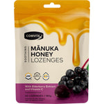 40-pack of Comvita Manuka Honey Lozenges with Elderberry and Vitamin C in a purple and white box.