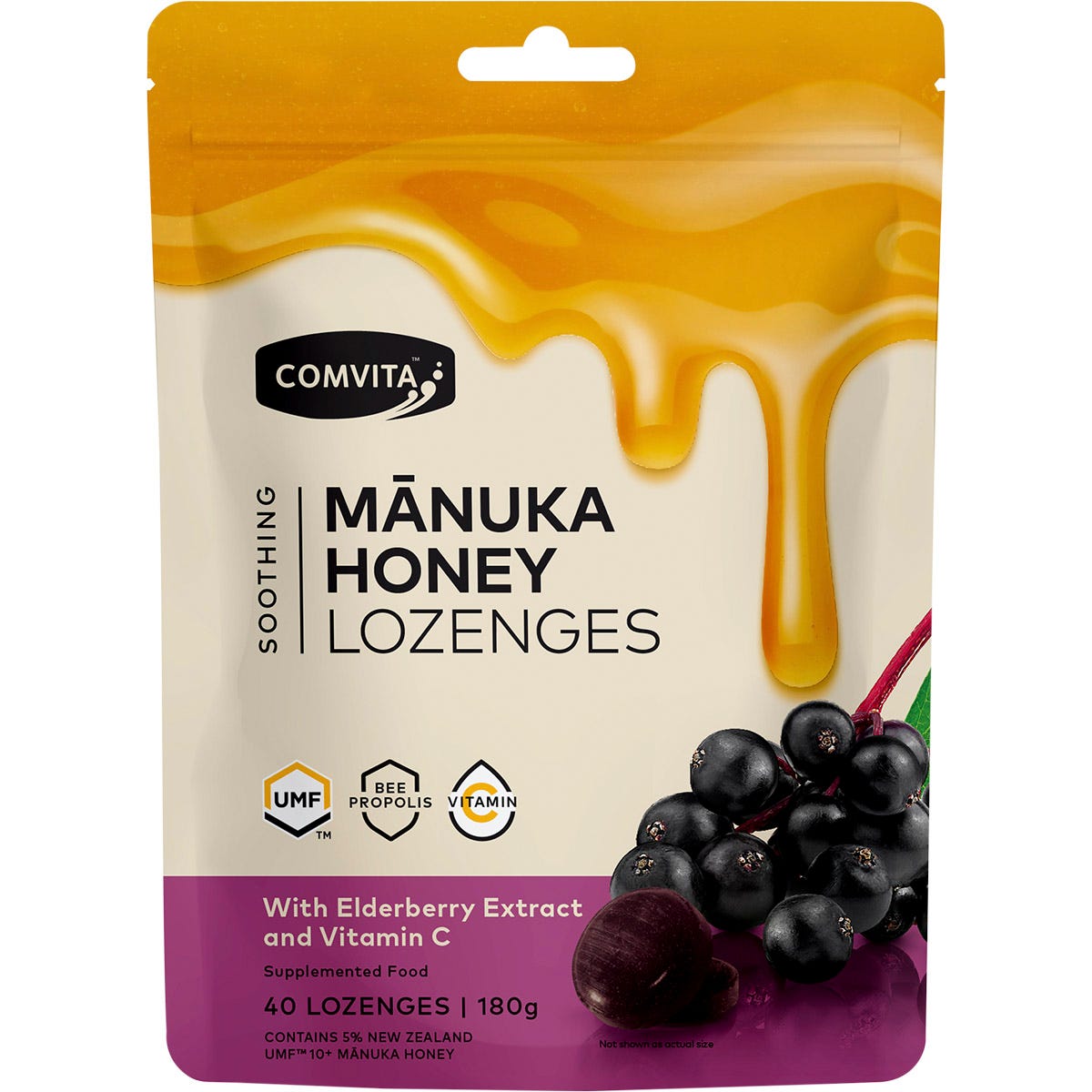 40-pack of Comvita Manuka Honey Lozenges with Elderberry and Vitamin C in a purple and white box.