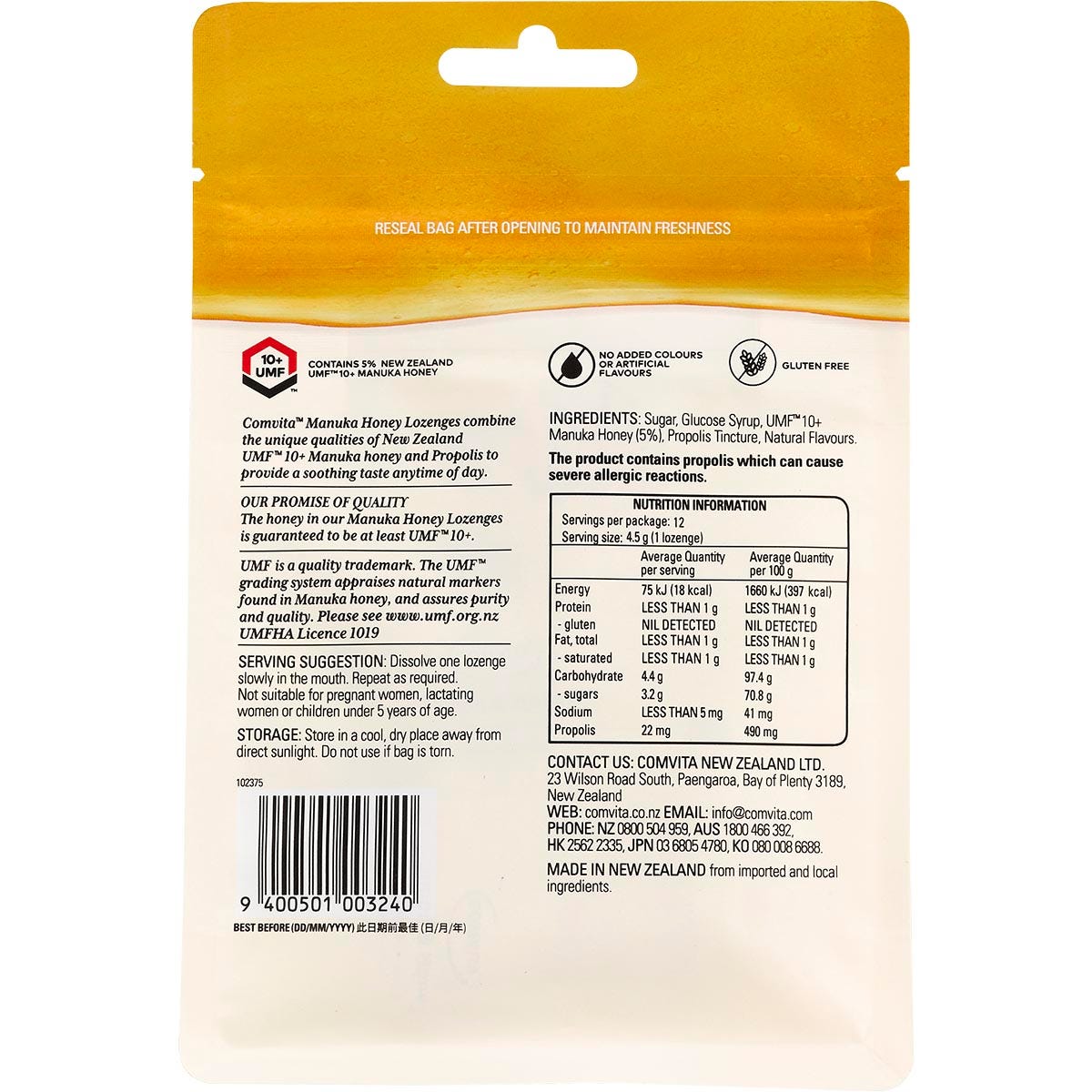 Comvita Manuka Honey Zesty Lemon lozenges box showing 12 individually wrapped lozenges and UMF 10+ honey.